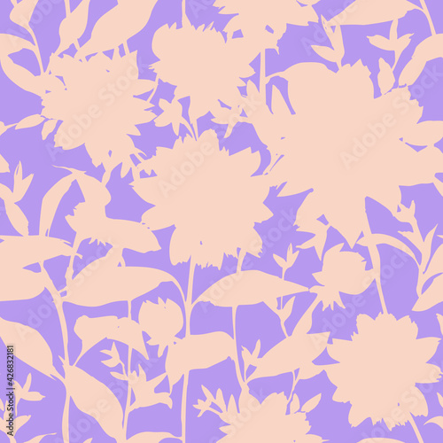 Vector floral seamless pattern. Silhouettes made of abstract garden flowers and petals. Vintage style. Flat botanical backdrop for wallpaper, textile, fabric, clothes.
