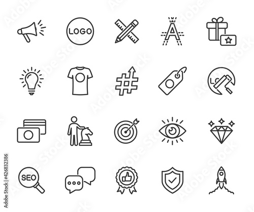 Vector set of brand line icons. Contains icons corporate identity, logo, name, mission, vision, advertising, values, strategy, rebranding and more. Pixel perfect.