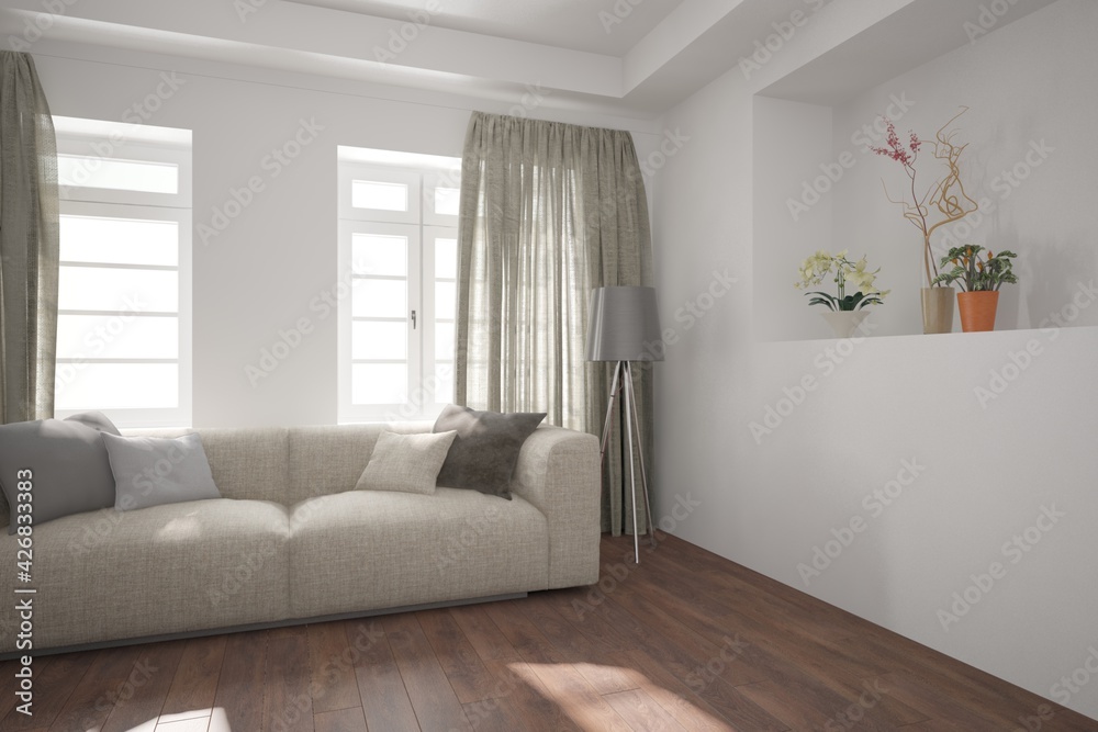modern room with sofa,pillows,plants,curtains and lamp interior design. 3D illustration modern room with sofa,pillows,plants,curtains and lamp interior design. 3D illustration