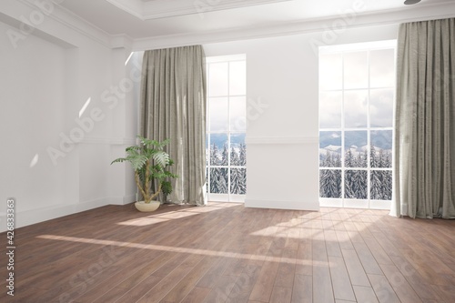 modern room with curtains plant and mountain background in windows interior design. 3D illustration