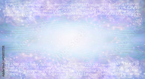Spiritual words header and footer background banner - pale blue and pink background with random sparkles top and bottom with space for copy in centre and spiritual words running along top and bottom 