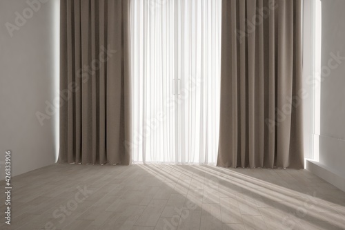 modern room with curtains interior design. 3D illustration