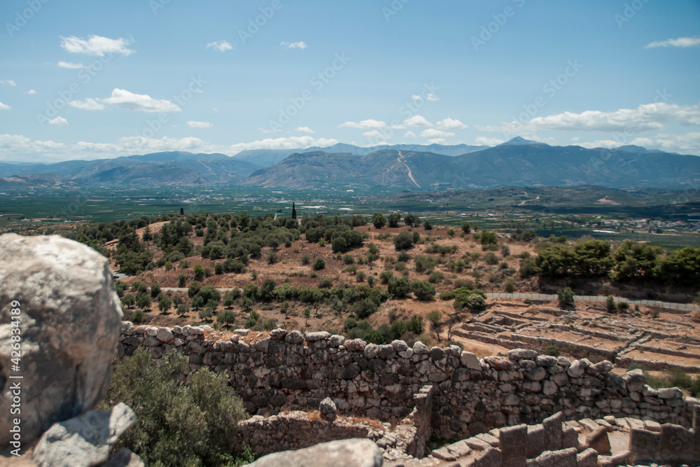 Beautiful view of ancient ruins on the territory of the archaeological complex in Mycenae, Greece