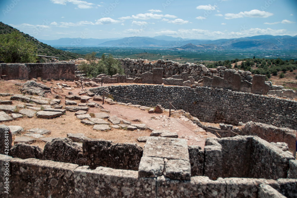 Beautiful view of ancient ruins on the territory of the archaeological complex in Mycenae, Greece