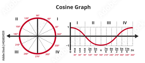 Vector mathematical illustration of cosine curve in graph or chart and unit circle showing cosine graph. Gonometric or goniometric function. The icon is isolated on white. Sine function, y=cos x.