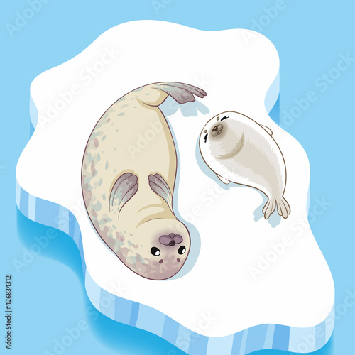 Cute seals family cartoon character design. vector Illustration.