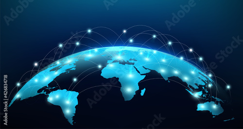 Planet map with global social network connections. Satellite Internet, modern Internet data transmission technologies.