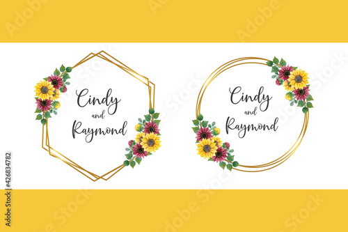 Floral Frame Wedding invitation Card set, floral watercolor hand drawn Sunflower Flower design Invitation Card Template