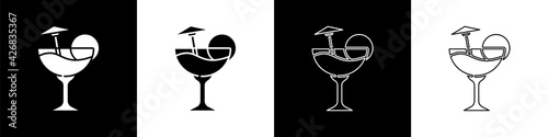 Set Cocktail and alcohol drink with umbrella icon isolated on black and white background. Vector