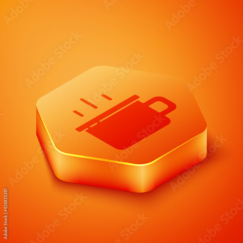 Isometric Coffee cup icon isolated on orange background. Tea cup. Hot drink coffee. Orange hexagon button. Vector