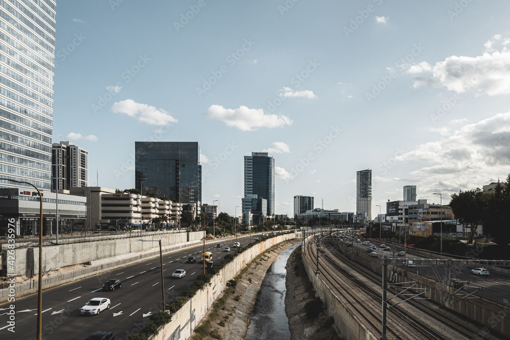 Tel Aviv, Israel - March 26, 2021: Ayalon highway in Tel Aviv