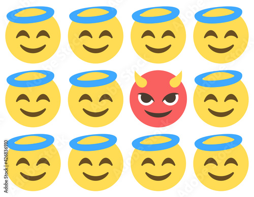 smiling faces with haloes and one smiling face with horns,emoji concept pattern on white background,vector illustration