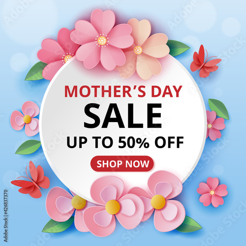 Mother's day sale with paper art flowers illustration