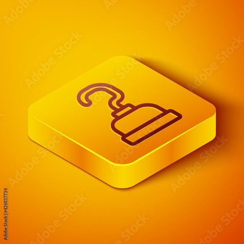 Isometric line Pirate hook icon isolated on orange background. Happy Halloween party. Yellow square button. Vector