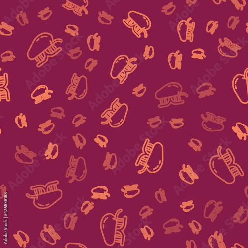 Brown line Genetically modified apple icon isolated seamless pattern on red background. GMO fruit. Vector