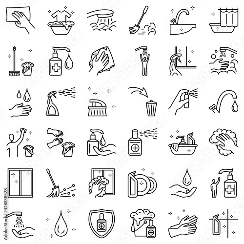 Simple thin lines icon - cleaning, disinfection, washing clothes and windows. Disinfection and washing hands, cleaning of rooms from dust and dirt. Set of vector icons, isolated, Outline, 48x48 pixel