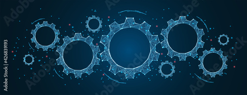 Abstract gear wheels in dark background. Cogs and gear wheel mechanisms concept. Mechanical technology machine engineering wireframe. low polygonal blue mesh with dots, lines, and shapes. vector 3d