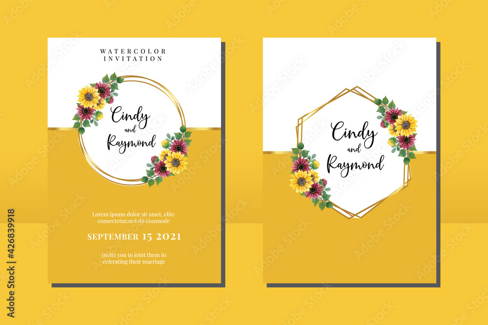 Floral Frame Wedding invitation Card set, floral watercolor hand drawn Sunflower Flower design Invitation Card Template