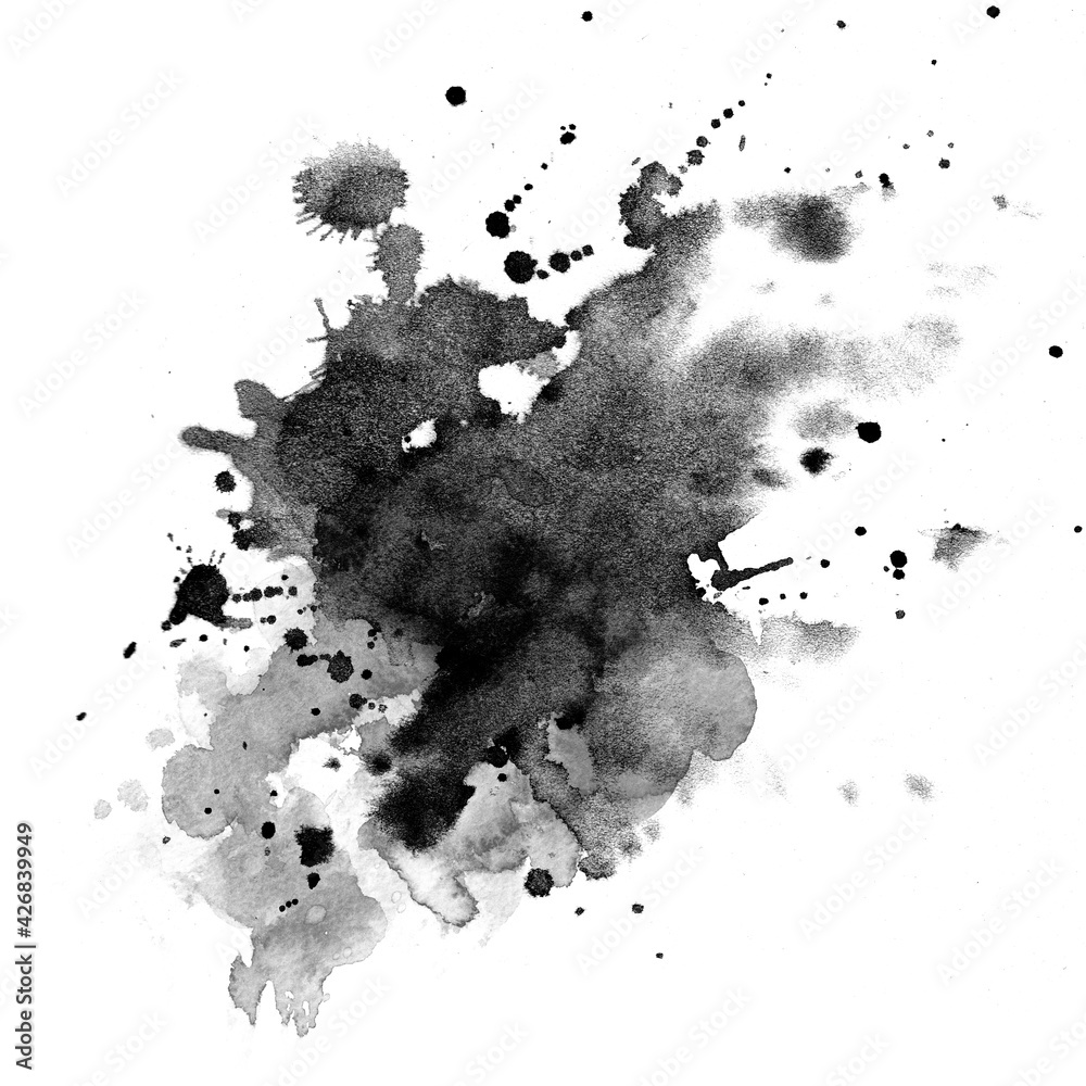 Watercolor background for textures. Abstract watercolor background. Spray paint, ink stains on the paper. Black, monochrome - obrazy, fototapety, plakaty 