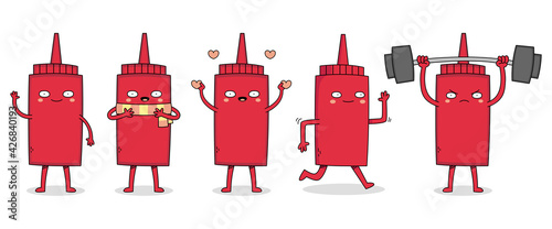 Cute ketchup cartoon character set 1 of waving, wearing scarf, spreading love, running and weight lifting