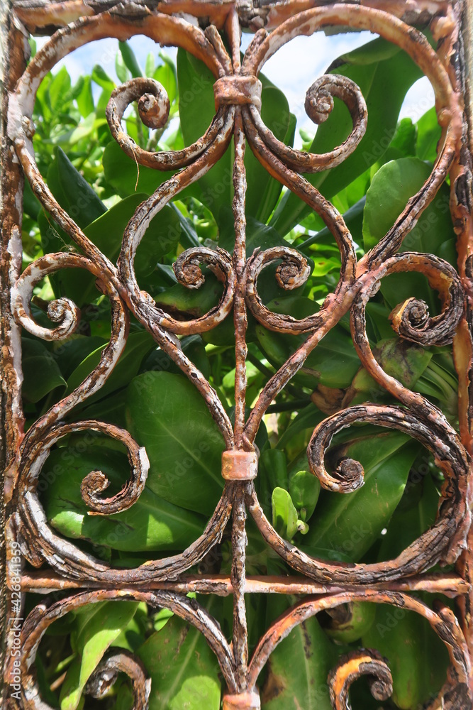 Metal fence in a heart shape, rusty iron mesh fence with a heart pattern, with green leaves and a bush behind the garden fence Metal fence in a heart shape, rusty iron mesh fence with a heart pattern, with green leaves and a bush behind the garden fence