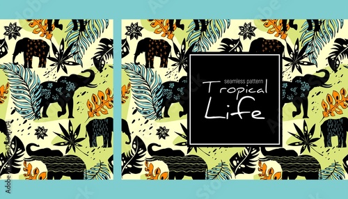 Elephants and leaves seamless pattern, hand drawn watercolor vector illustration. Tropical banner. Jungle plants and animals print. Summer design. Creative background.