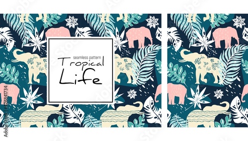 Elephants and leaves seamless pattern, hand drawn watercolor vector illustration. Tropical banner. Jungle plants and animals print. Summer design. Creative background.