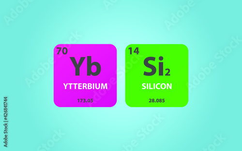 Ytterbium Disilicide YbSi2 molecule. Simple molecular formula consisting of Ytterbium, Silicon, elements. Chemical compound simplified structure on blue background, for chemistry education