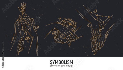 Set of mystical compositions. Hands, woman, spirituality, magic and spirituality.