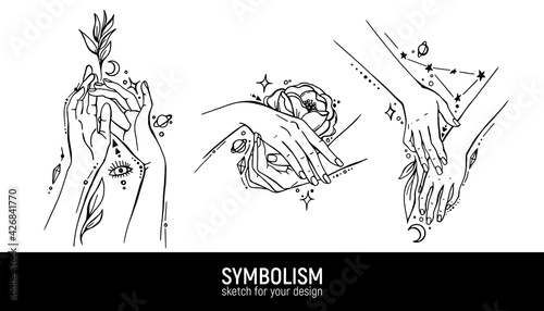 Set of mystical compositions. Hands, woman, spirituality, magic and spirituality.