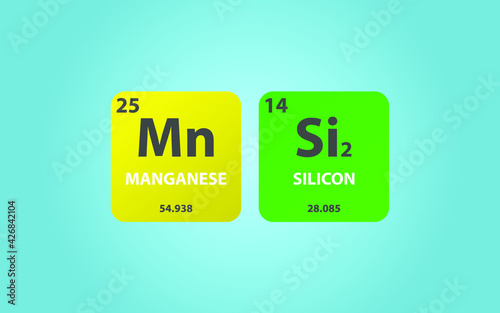 Manganese Disilicide MnSi2 molecule. Simple molecular formula consisting of Manganese, Silicon,  elements. Chemical compound simplified structure on blue background, for chemistry education