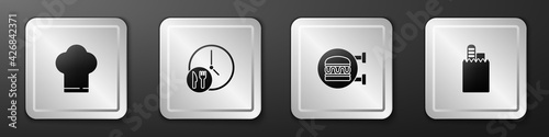 Set Chef hat, Round the clock delivery, Online ordering burger and and icon. Silver square button. Vector