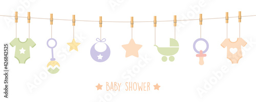 baby shower welcome greeting card for childbirth with hanging utensils