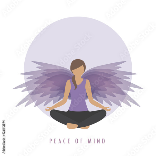 peace of mind girl in meditation pose with wings