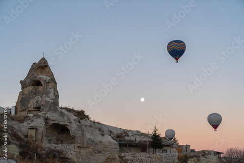 Hot air balloons at sunrise in Cappadocia. A popular tourist hotspot in Turkey