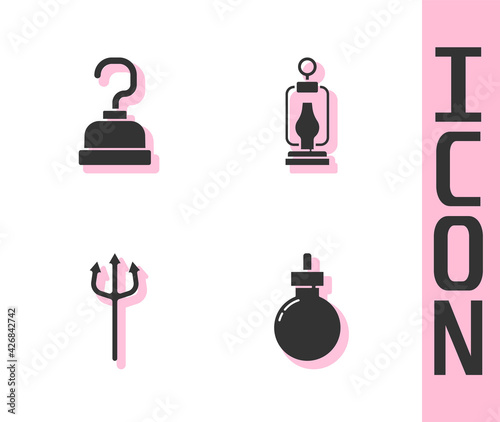 Set Bomb ready to explode, Pirate hook, Neptune Trident and Camping lantern icon. Vector