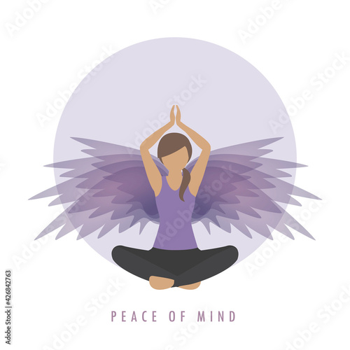 peace of mind girl in meditation pose with wings