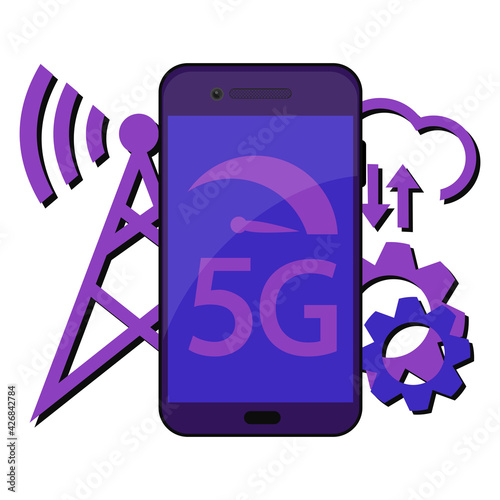 5G technology concept. Smartphone with 5g symbol and with wireless tower. New 5th generation mobile network, high speed connection wireless systems and more