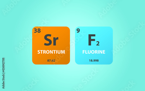 Strontium Fluoride SrF2 molecule. Simple molecular formula consisting of Strontium, Fluorine,  elements. Chemical compound simplified structure on blue background, for chemistry education