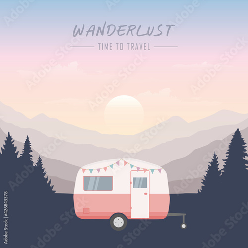 wanderlust camping adventure in the wilderness camper in forest and mountain landscape © krissikunterbunt