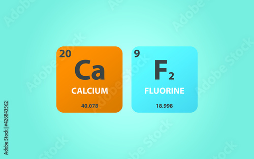 Calcium Fluoride CaF2 molecule. Simple molecular formula consisting of Calcium, Fluorine,  elements. Chemical compound simplified structure on blue background, for chemistry education