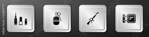 Set Bullet, Hand grenade, M16A1 rifle and Hunting shop weapon icon. Silver square button. Vector