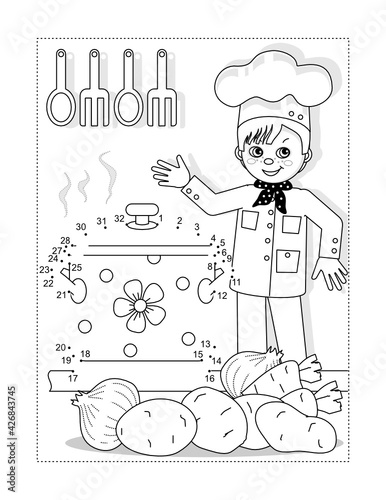 Young chef connect the dots full-page picture puzzle and coloring page with boy in a kitchen, pan, vegetables
