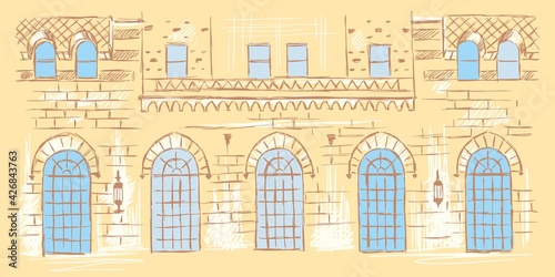 Sketch of the classical facade with blue windows. Vintage beige card, hand-drawn, vector. Cityscape view. Architecture silhouette from lines. Old design. © B.inna