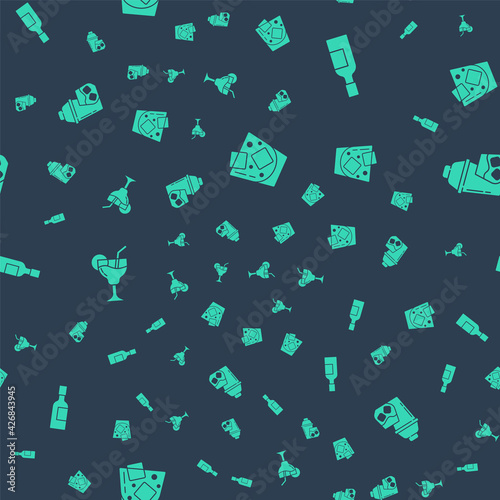 Set Glass of whiskey, Champagne bottle, Cocktail and shaker on seamless pattern. Vector
