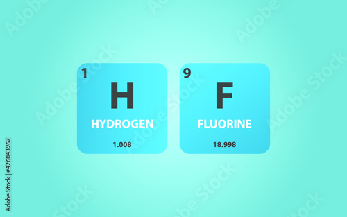 Hydrogen Fluoride HF molecule. Simple molecular formula consisting of Hydrogen, Fluorine,  elements. Chemical compound simplified structure on blue background, for chemistry education