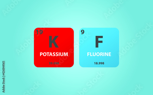 Potassium Fluoride KF molecule. Simple molecular formula consisting of Potassium, Fluorine,  elements. Chemical compound simplified structure on blue background, for chemistry education