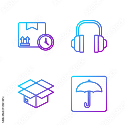 Set line Umbrella, Carton cardboard box, Cardboard box and fast time and Headphones. Gradient color icons. Vector