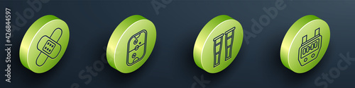 Set Isometric Crossed bandage plaster, Air hockey table, Crutch or crutches and Stopwatch icon. Vector