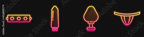 Set line Anal plug, Silicone ball gag with belt, Dildo vibrator and Woman panties. Glowing neon icon. Vector